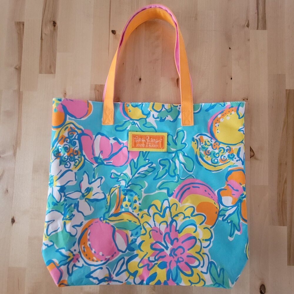 Lilly Pulitzer for Estee Lauder Pink Blue Floral Fruit Canvas Tote Beach Bag